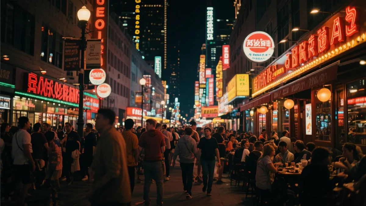 比赛日城市街区夜经济与餐饮店外排队的人群氛围